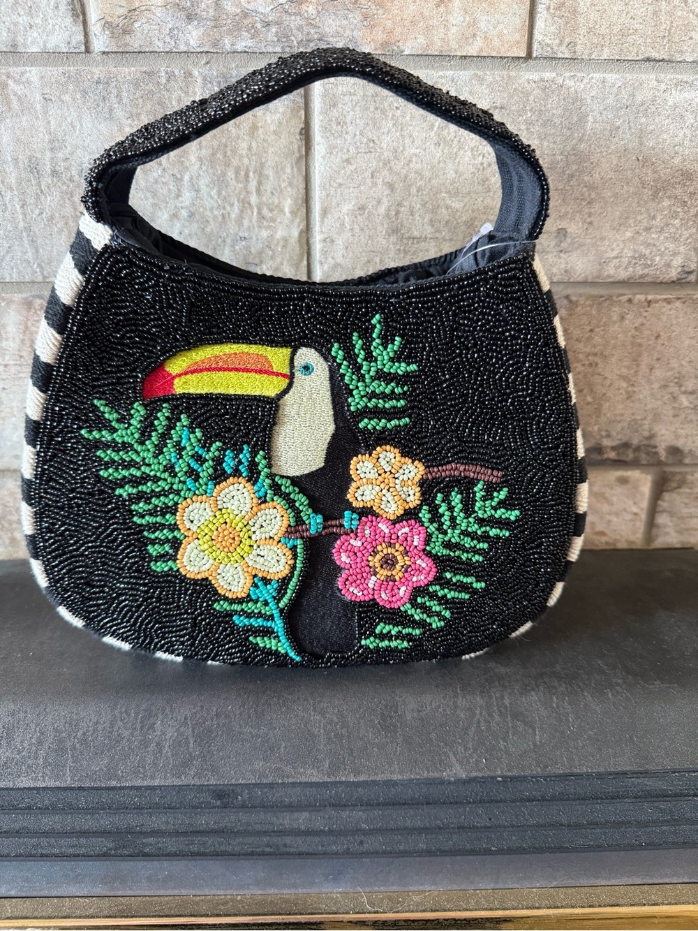 Lulu's Black Beaded Toucan Shoulder Bag with Bright Floral Embroidery